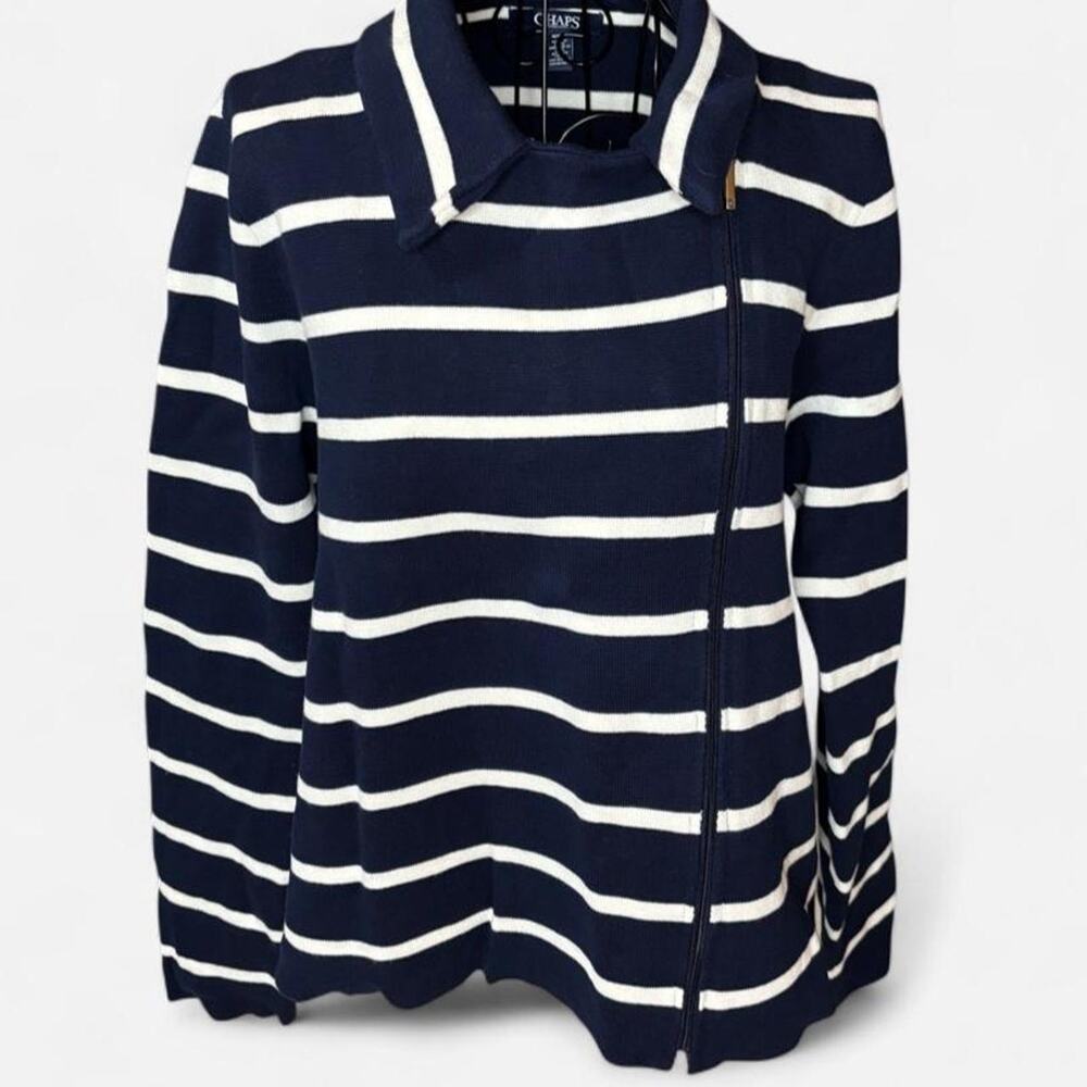 Chaps Striped Zip Up Cardigan Sweater Jacket Blue White Medium M
